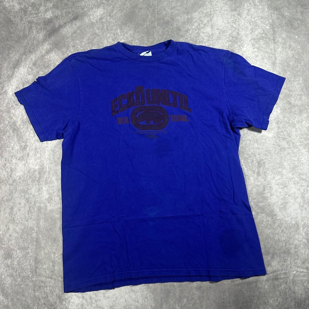 Vintage Ecko Unltd Mens XL Blue Graphic T-Shirt Rhino Streetwear Tee Distressed